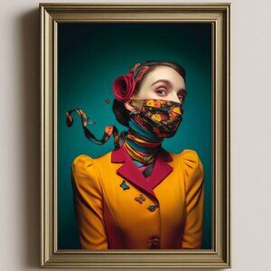 Surreal Woman in Floral Mask & Yellow Jacket Art Print | Bold Colorful Portrait